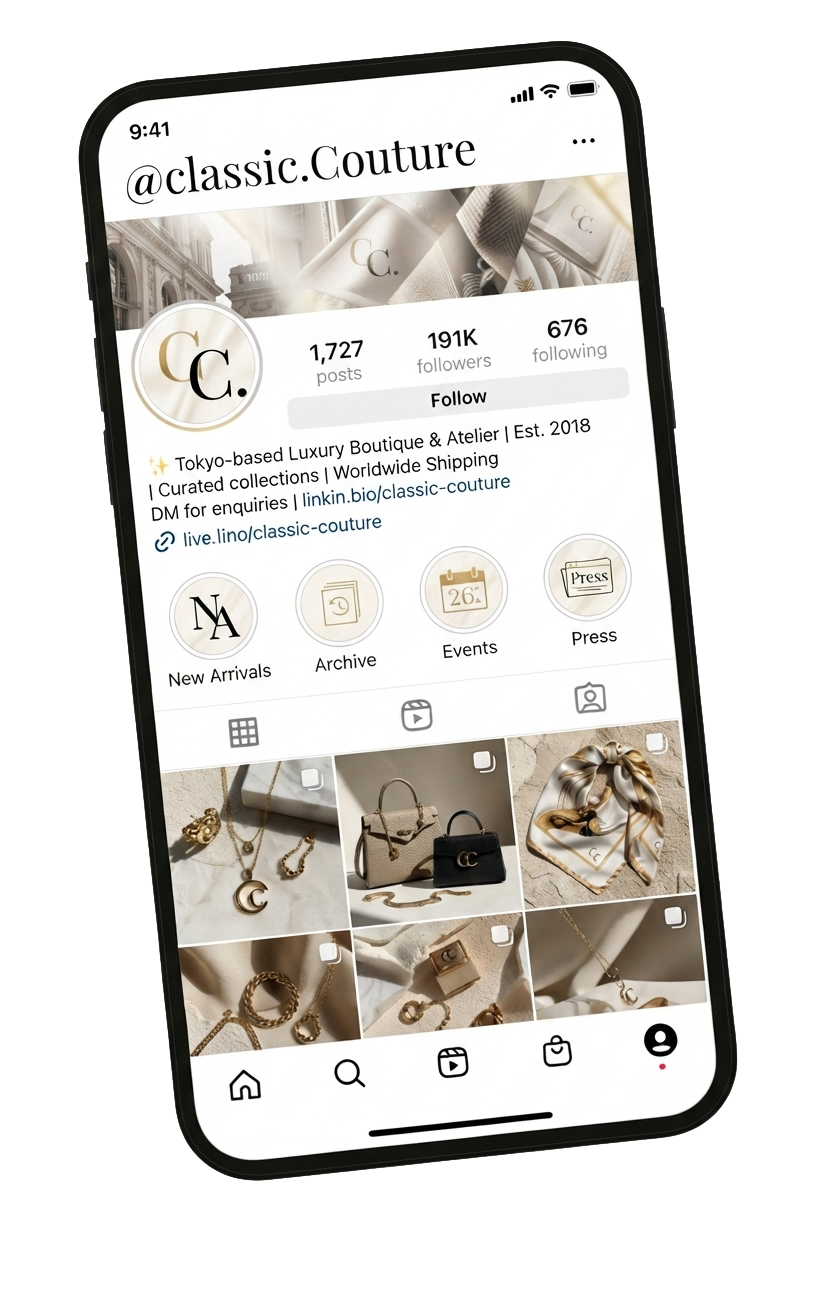 Classic Couture Instagram profile shown inside the phone mockup