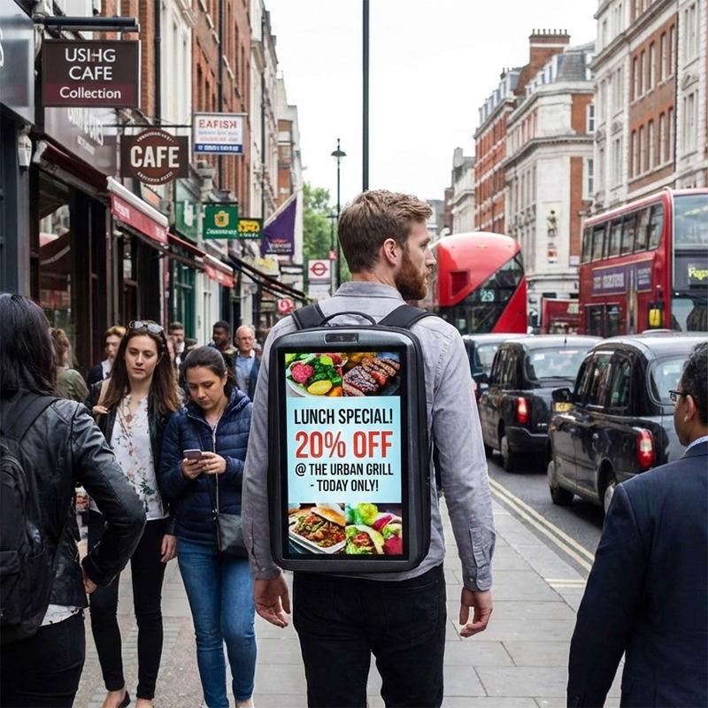 Street portable display example promoting a restaurant lunch special on a busy street